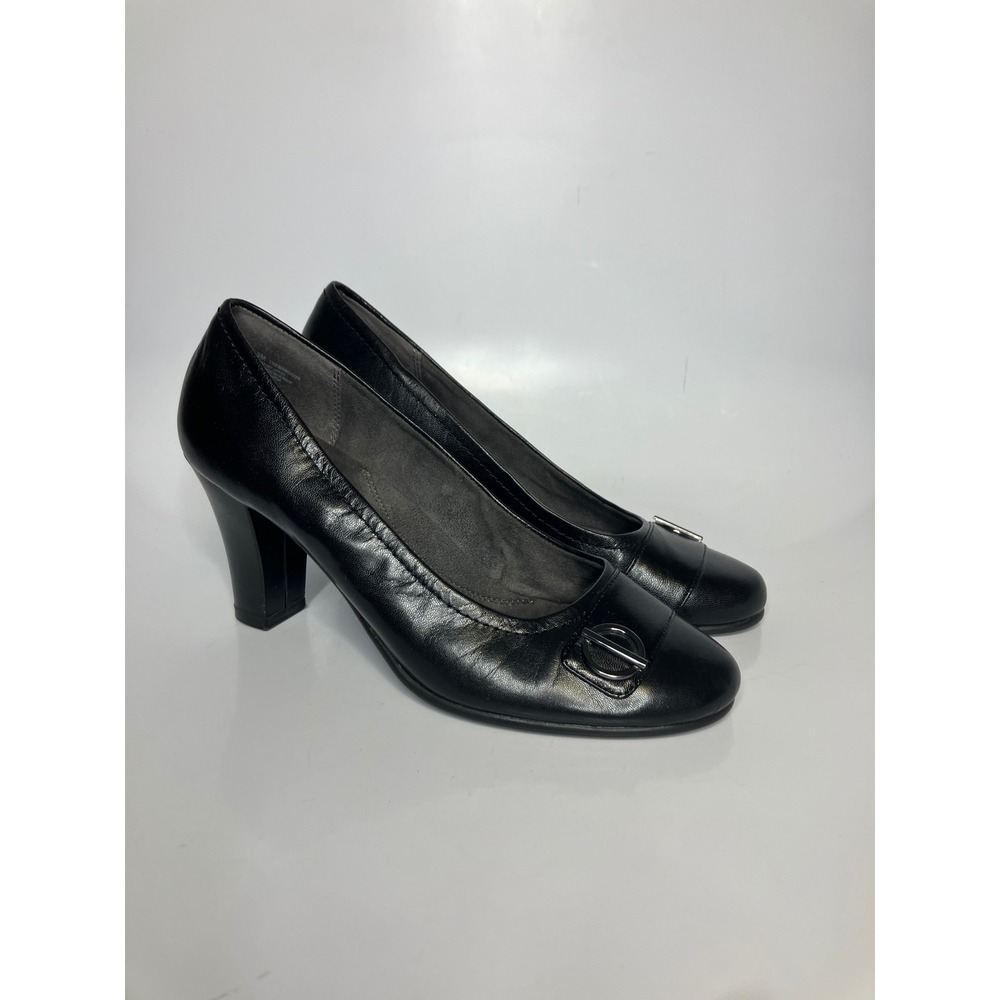 Aerosoles Heelrest Pumps Womens 9 Black Excellent Leather Block Heel‎ Buckle